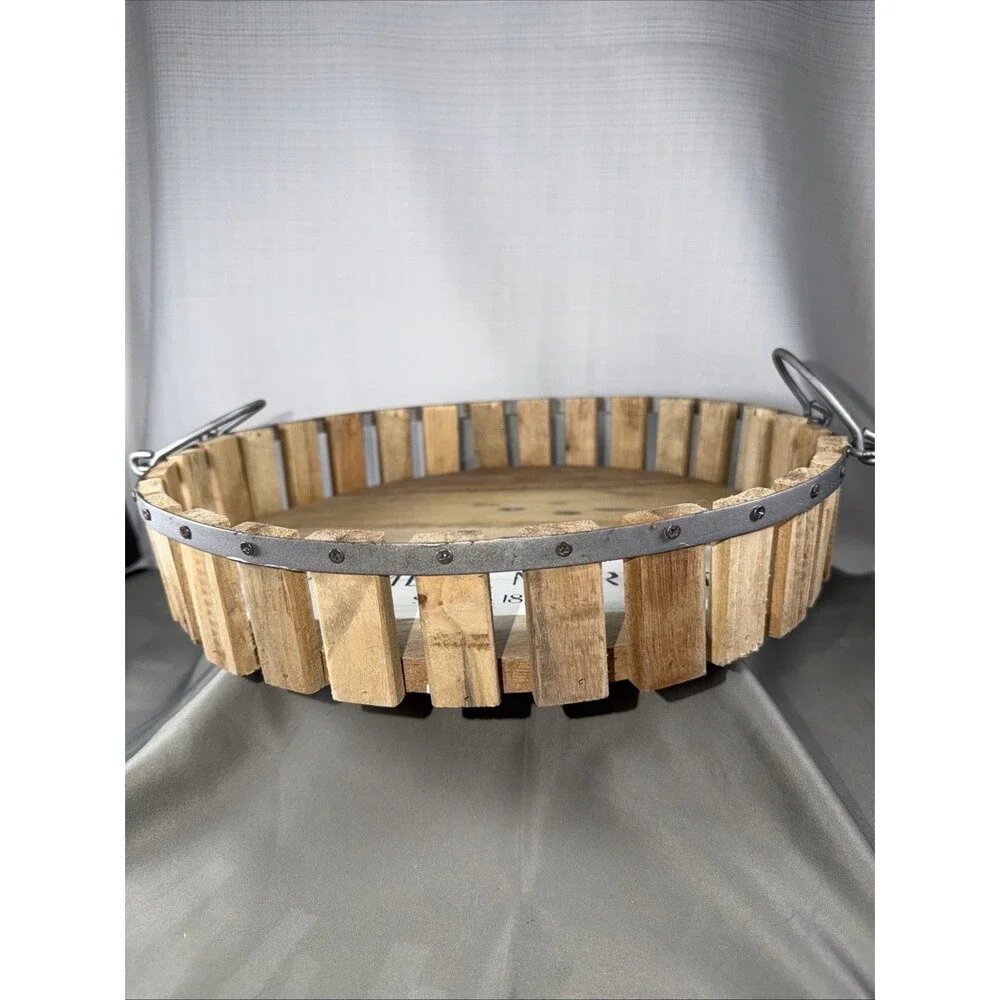 Farmhouse Greenwood Farmers Market Wood Slat Serving Tray Basket 13.5 Inch